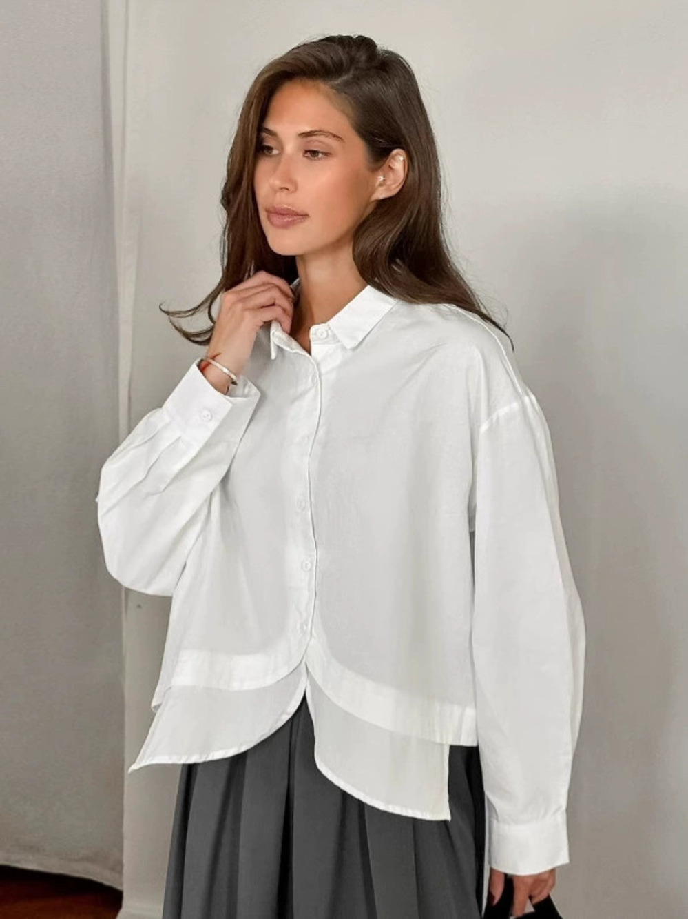 Forever 21 retro white collar blouse spring loose cotton long sleeve top